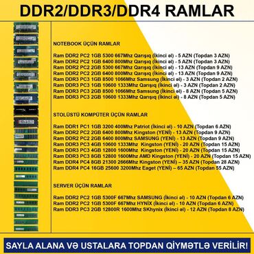 Videokartlar: RAMLAR (DDR2/DDR3/DDR4) SAYLA ALANA VƏ USTALARA TOPDAN QİYMƏTLƏ