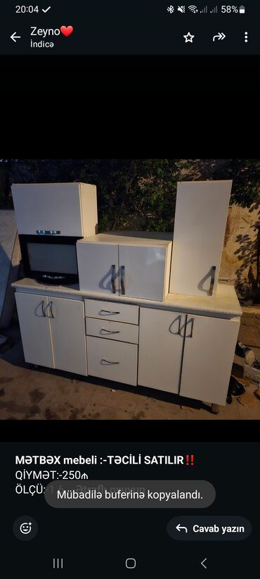 krant satisi: *MƏTBƏX mebeli :-TƏCİLİ SATILIR*‼️ QİYMƏT:-250₼ ÖLÇÜ:-1.6 ÜZƏRİNDƏ