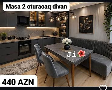 mətbəx divani: Mətbəx üçün modern stol və 2 oturacaqlı divan dəsti. - Rəng: tünd boz — 1