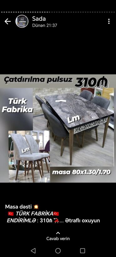 Masa və oturacaq dəstləri: Mətbəx üçün, Yeni, Açılan, Oval masa, 4 stul — 10