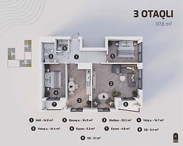 moyka satilir 2018: 3 комнаты, Новостройка, м. Улдуз, 117 м² — 6