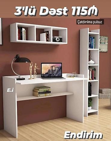 3-lü dəst iş/studiyə mebeli – masa, divar rəfi və kitab şkafı Müasir