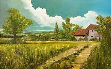 vanak yağı: "Kənd mənzərəsi". Ölçü: 60x90 sm. Kətan, yağlı boya. Yeni işdir — 1