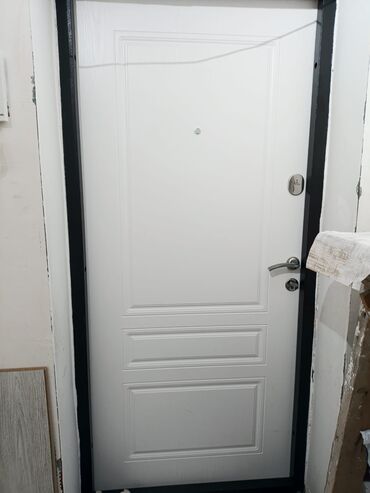 Giriş qapıları: Ağ rəngli giriş qapısı – klassik panel dizaynlı, qara metal karkaslı — 1