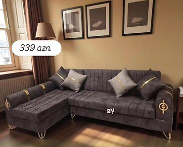 parça stul: Künc divanı – qəhvəyi/boz tonlarda, L formalı. Yumşaq parça üzlük — 1