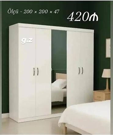 paneler: Ağ rəngli 4 qapılı geyim şkafı - Ölçü: 200 × 200 × 47 sm (şəkildə — 1