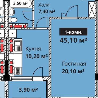дешевые квартиры в оше: 1 бөлмө, 45 кв. м, Элитка, 12 кабат, ПСО (өзү оңдоп түзөтүп бүтүү үчүн)