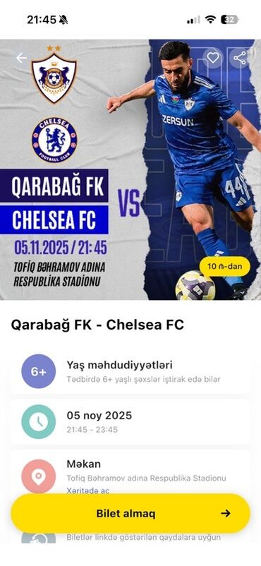 soyuducu ustasi xalqlar: Məhsul: Qarabağ FK – Chelsea FC futbol matçına bilet Bilet satılır 6