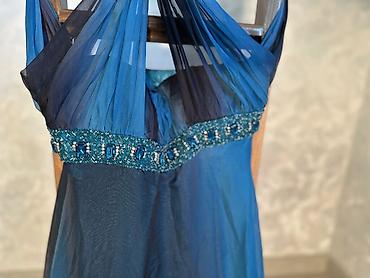 yves saint: Vintage Yves Calin embellished mesh maxi dress in deep ocean blue — 9