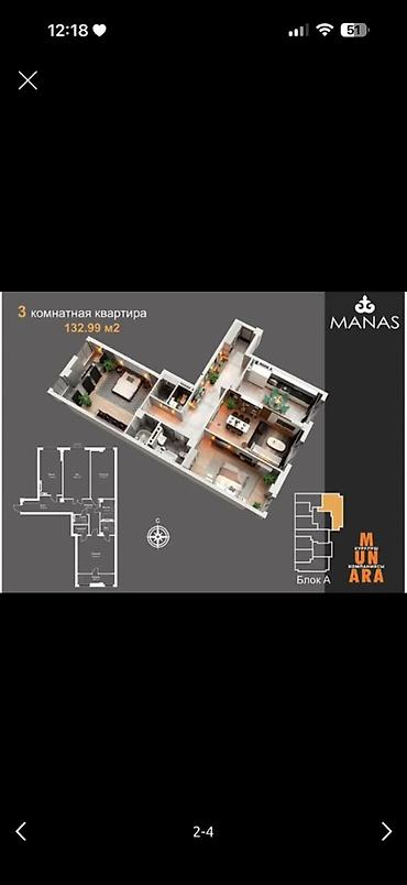 132: 3 комнаты, 132 м², Кок-Жар мкр Элитка, 12 этаж, ПСО (под самоотделку) — 2