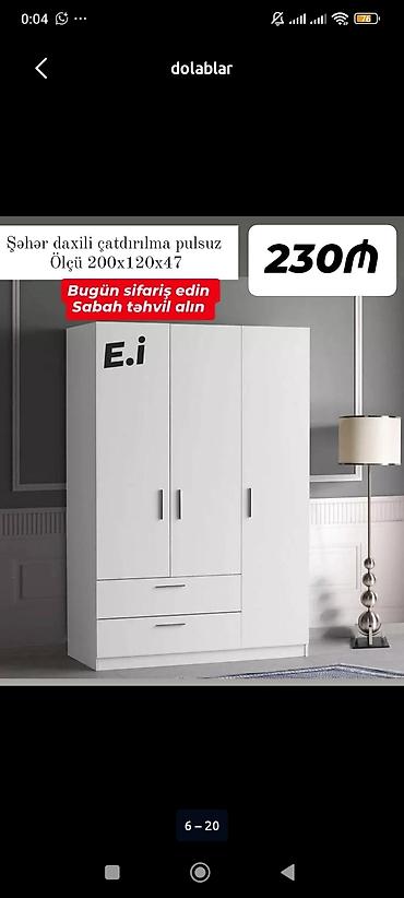 Ağ rəngli 3 qapılı paltar şkafı - Ölçü: 200 x 120 x 47 sm - Daxili