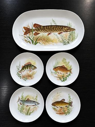 tea pec nova: Porcelanski set tanjira sa motivima riba – 5 delova - 1 veći ovalni — 1