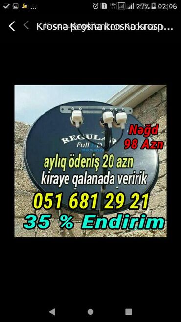Krosna Kredit Aylıq 20 azn 5 Ay . 35 % Endirim krosna antena kreditle