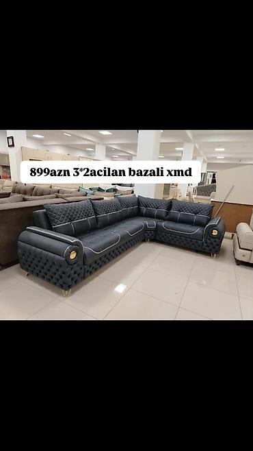 2 m: L şəkilli künc divan – bazalı və açılan model • Ölçü: təxminən 3×2 m • — 1