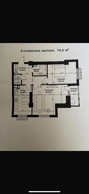 12: 2 комнаты, 75 м², Элитка, 4 этаж, ПСО (под самоотделку) — 1