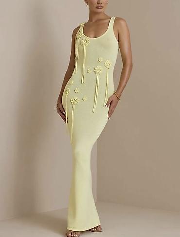 ziyafet donu s: Sarı rəngli zərif trikotaj maxi don - Model: bədənə oturan, torlu — 1