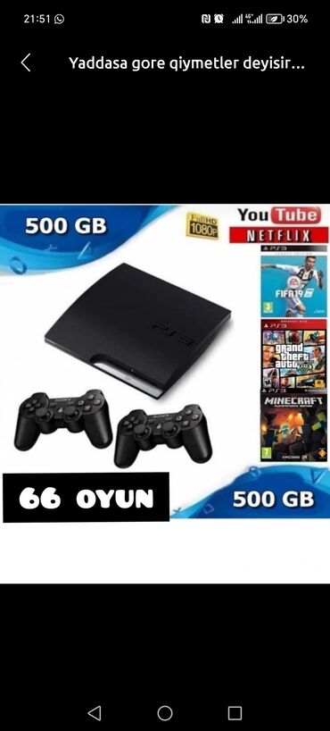 PS3 (Sony PlayStation 3): 500 gb yaddaş isdeyen elaqe saxlasın təcili satılır endirim olacag