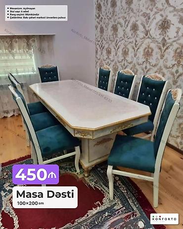 Məhsul: Masa dəsti Ölçü: 100×200 sm Qiymət: 450 ₼ Tərkibi: - 1