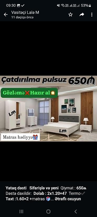 taxt dosəyi: *Yataq dəsti* *Sifarişlə və yeni* Qiymət : *650₼* Dəstə daxildir — 2