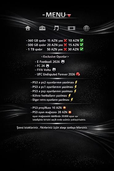 fifa 20: -MENU-🔻 -360 GB qədər 15 AZN yox❌ 10 AZN✅ -500 GB qədər 20 AZN yox❌ — 1