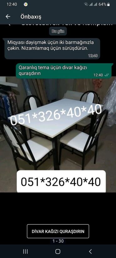 Masa və oturacaq dəstləri: Mətbəx üçün, Yeni, Dördbucaq masa, 4 stul — 26