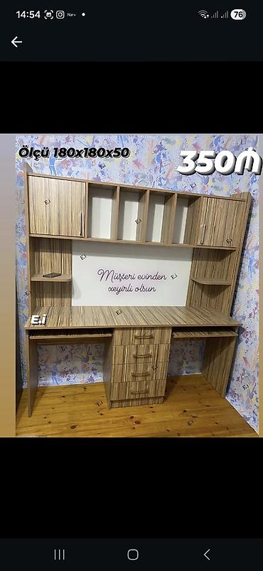 2 el calışma masası: - Məhsul: Künc iş/oxu masasının üst dolablı komplekti - Ölçü: 180 x — 1