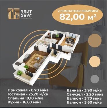 квартира прадажа: 2 бөлмө, 82 кв. м, Элитка, 7 кабат, ПСО (өзү оңдоп түзөтүп бүтүү үчүн)