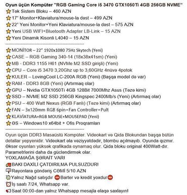 Masaüstü kompüterlər və iş stansiyaları: Oyun üçün Kompüter "RGB Gaming Core i5 3470 GTX1050Ti 4GB 256GB NVME” -da lalafo.az — 2 Masaüstü kompüterlər və iş stansiyaları: Oyun üçün Kompüter "RGB Gaming Core i5 3470 GTX1050Ti 4GB 256GB NVME” — 2