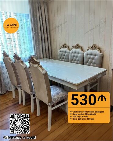 кухонные стулья: Qonaq otağı üçün, Yeni, Açılmayan, Dördbucaq masa, 6 stul