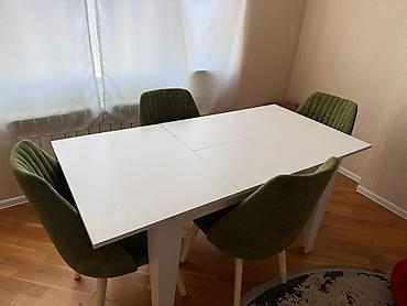 ofis ucun stol: Ağıllı masa və 4 ədəd stul dəsti - Masa: ağ rəngdə, düzbucaqlı forma — 3