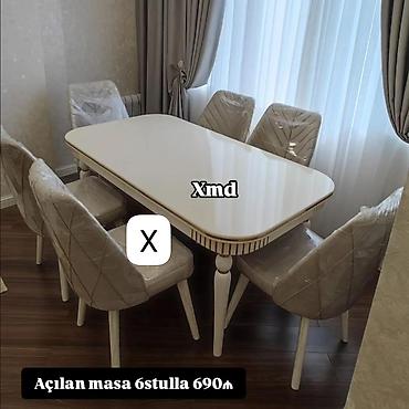 Açılan yemək masası dəsti – 6 stul ilə birlikdə. - Ağ rəngli