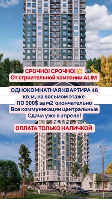 квартиры ыссык кол: Курулуп бүткөн, Элитка, 1 бөлмө, 48 кв. м