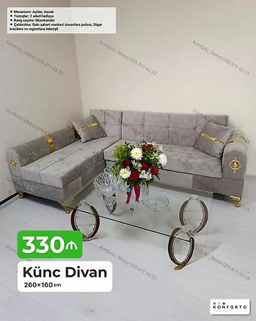 Divanlar: Künc Divan – 260×160 sm - Mexanizm: açılan, bazalı (yuxarıdan — 1