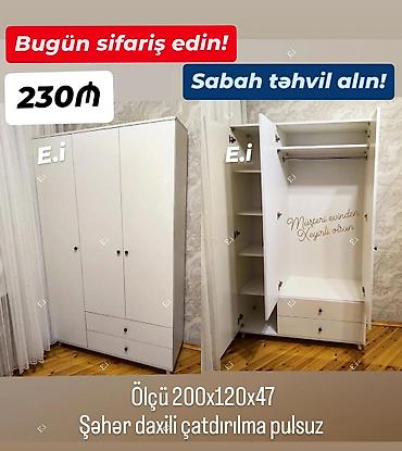 divar skaflari: Ağ rəngli 3 qapılı paltarsaxlama dolabı - Ölçü: 200 x 120 x 47 sm - — 1