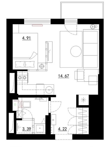 продам 1 ком квартиру: 1 комната, 45 м², Без мебели