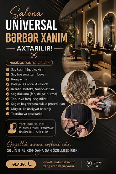 Работа: Salona təcrübəli universal bərbər xanım axtarılır. Saç kəsimi, fen — 1