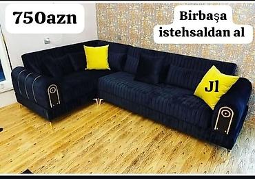 amerikanka divan: Künc divan – model J1 - Rəng: tünd göy/qaraya çalan məxməri parça — 1