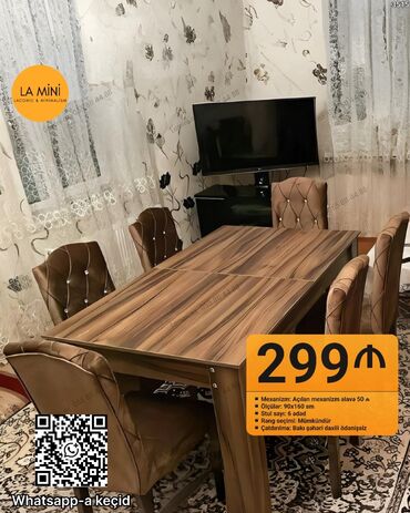 стол из массива дерева: Açılan, Dördbucaq masa, 6 stul