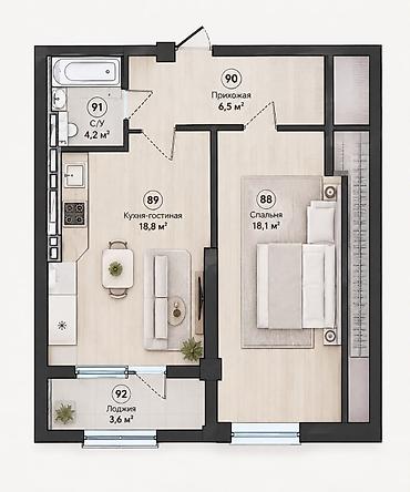 Продажа квартир: 1 комната, 48 м², Тунгуч мкр Элитка, 8 этаж, ПСО (под самоотделку) — 2