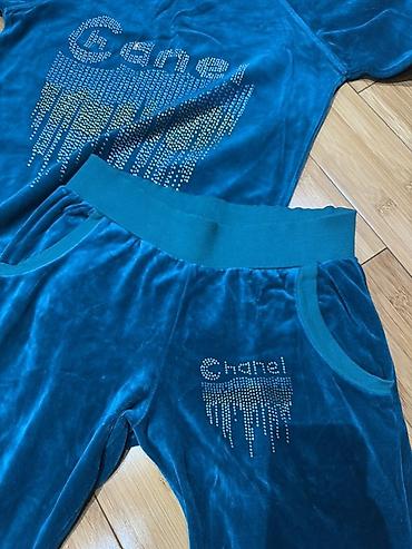 sport geyimler: Mavi rəngli iki hissəli velür idman dəsti - Material: yumşaq, parlaq — 4