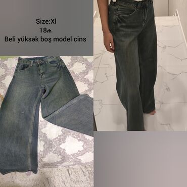 qaqa stili: Beli yüksək, boş (wide-leg) model cins şalvar. - Ölçü: XL - Parça