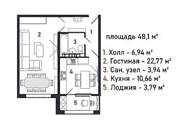 1 бөлмө, 48 м², Чиркөө Элитка, 6 кабат, ПСО (өз алдынча бүтүрүү)