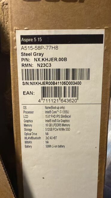 Acer: İşlənmiş Acer Aspire, 15.6 ", Intel Core i7, 512 GB, Ünvandan götürmə, Pulsuz çatdırılma, Ödənişli çatdırılma