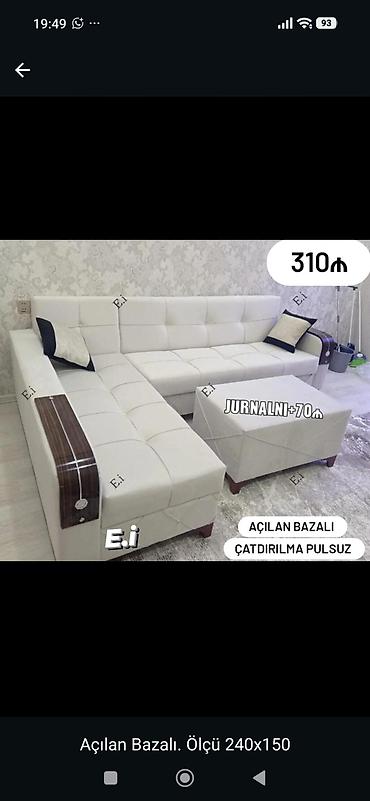 Açılan-bazalı L formalı künc divan - Rəng: ağ (klassik, minimal