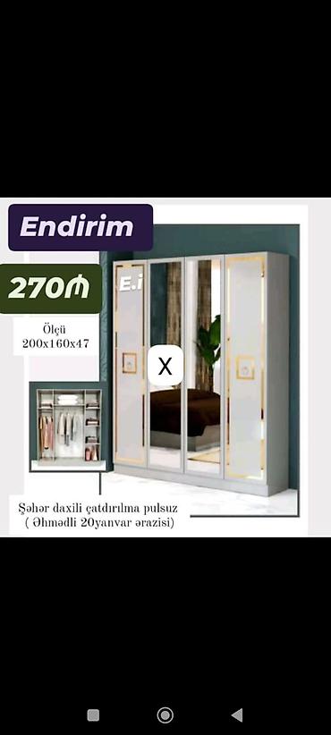 ayna qapi: Güzgülü 4 qapılı paltar şkafı - Ölçü: 200 x 160 x 47 sm - Ön hissədə — 1