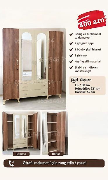 Yeni, 4 qapılı, Güzgülü, Qəhvəyi, Açılan, Düz dolab