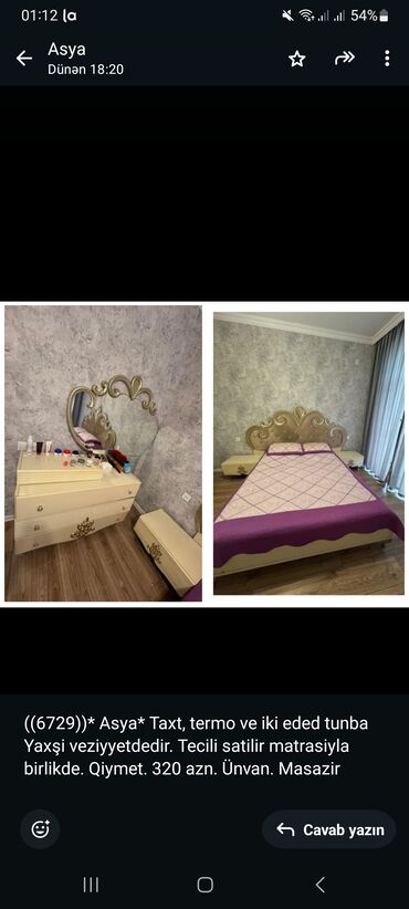 Çarpayılar: ((6729))* Asya* Taxt, termo ve iki eded tunba Yaxşi veziyyetdedir