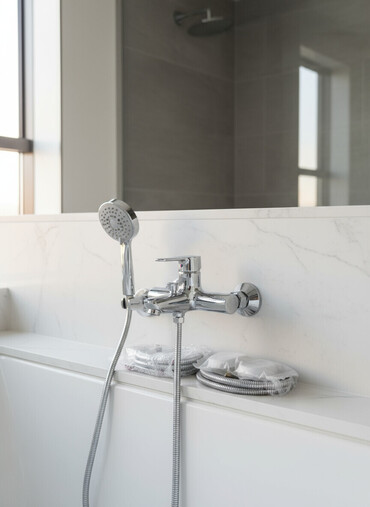 кран для душ: Хромированный смеситель для ванной, разработанный для настенного