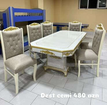 Masa və oturacaq dəstləri: Qonaq otağı üçün, Yeni, Açılmayan, Dördbucaq masa, 6 stul — 5
