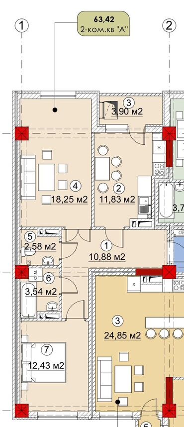 квартир бишкеке: 2 комнаты, 63 м², Элитка, 8 этаж, ПСО (под самоотделку)